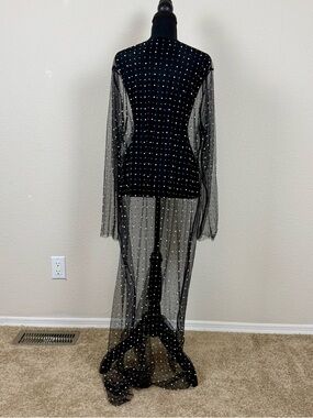Curve Sense Sheer Black See Through Pearls Rhinestones Overlay 3X Maxi Dress